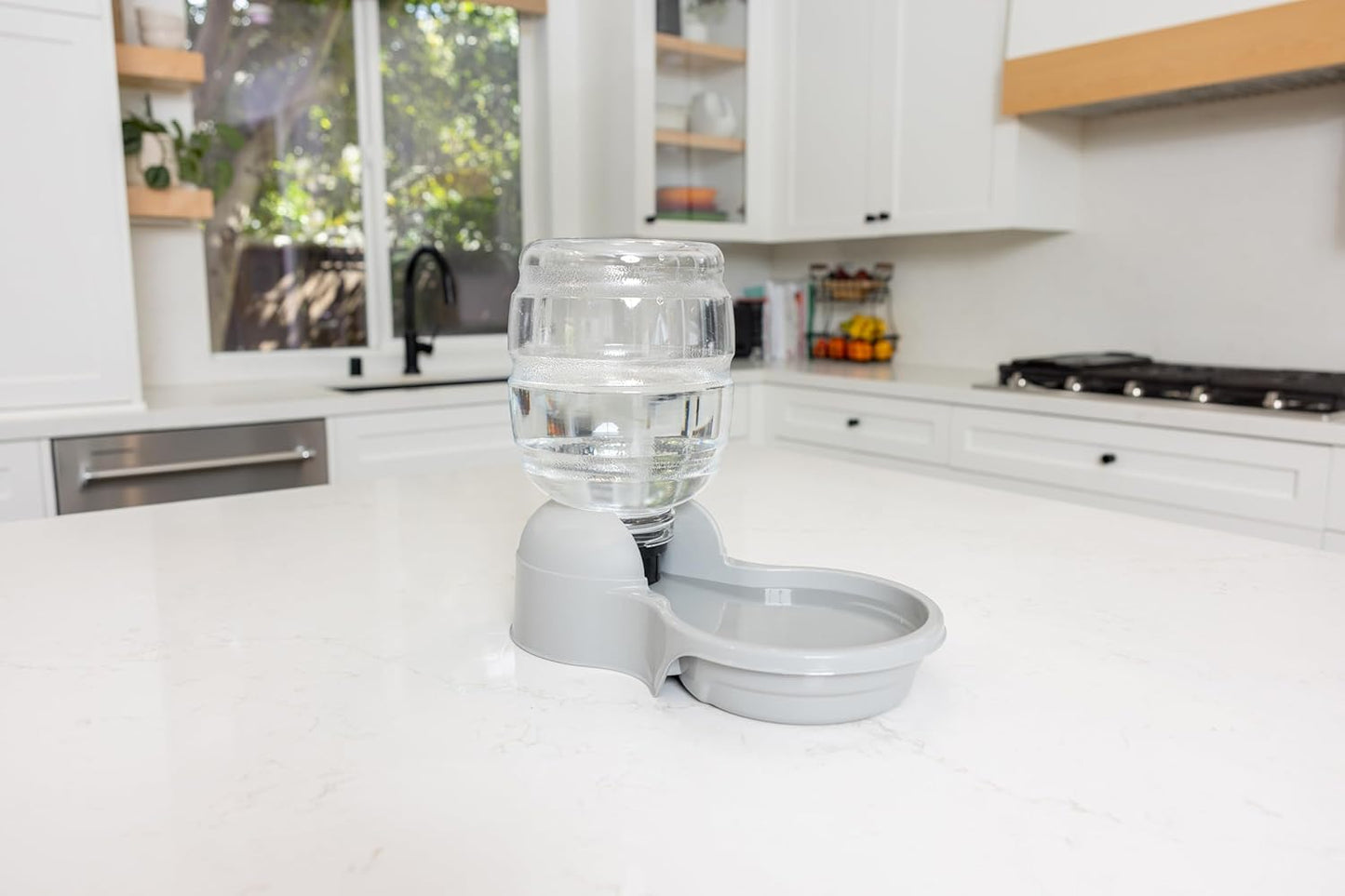 Aspen Pet Lebistro Water Dispenser for Cats and Dogs, 1 Gal Size | Gravity fed reservoir, reduces daily refills, USA made, wide basin, suits multiple pets sharing one feeding area each day