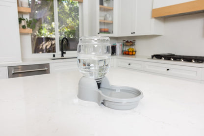 Aspen Pet Lebistro Water Dispenser for Cats and Dogs, 1 Gal Size | Gravity fed reservoir, reduces daily refills, USA made, wide basin, suits multiple pets sharing one feeding area each day