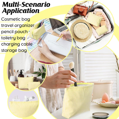 2 Pcs Makeup Bag Set Cute Cosmetic Pouch for Women Seersucker Travel Toiletry Bag Preppy Small Makeup Purse Pouch Aesthetic Skincare Brushes Storage Organizer for Valentine Women(Yellow)