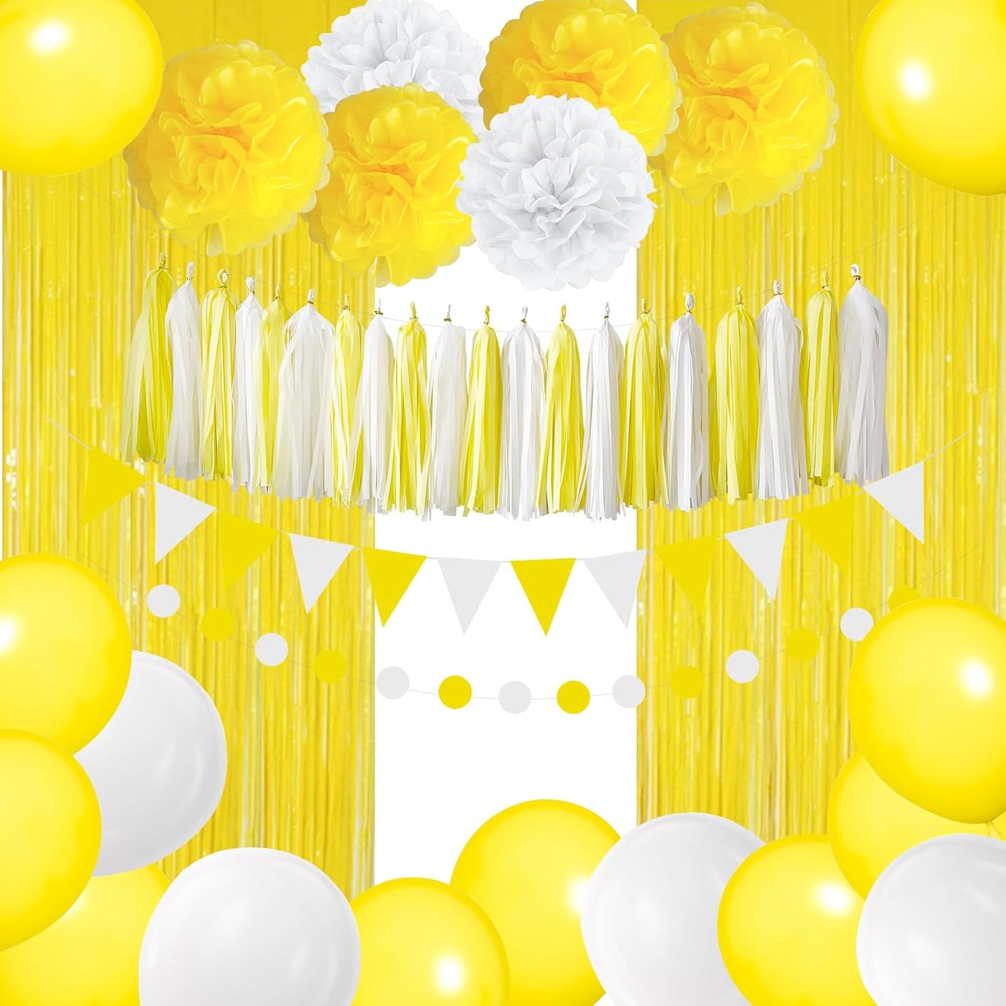 Yellow Birthday Decorations Set with Balloons and Fringe Curtains | Pom poms, tassel garland and banner; graduation, sunshine theme, summer party and celebration decor