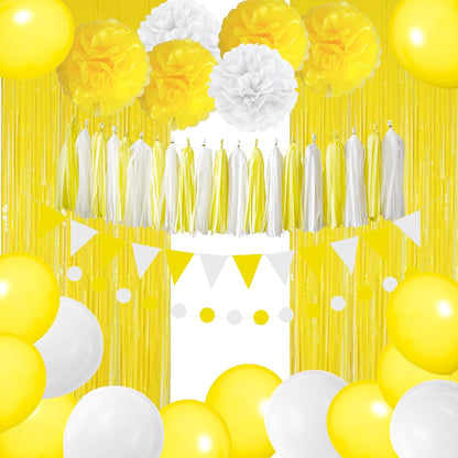 Yellow Birthday Decorations Set with Balloons and Fringe Curtains | Pom poms, tassel garland and banner; graduation, sunshine theme, summer party and celebration decor