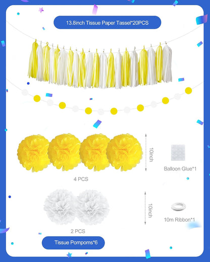 Yellow Birthday Decorations Set with Balloons and Fringe Curtains | Pom poms, tassel garland and banner; graduation, sunshine theme, summer party and celebration decor