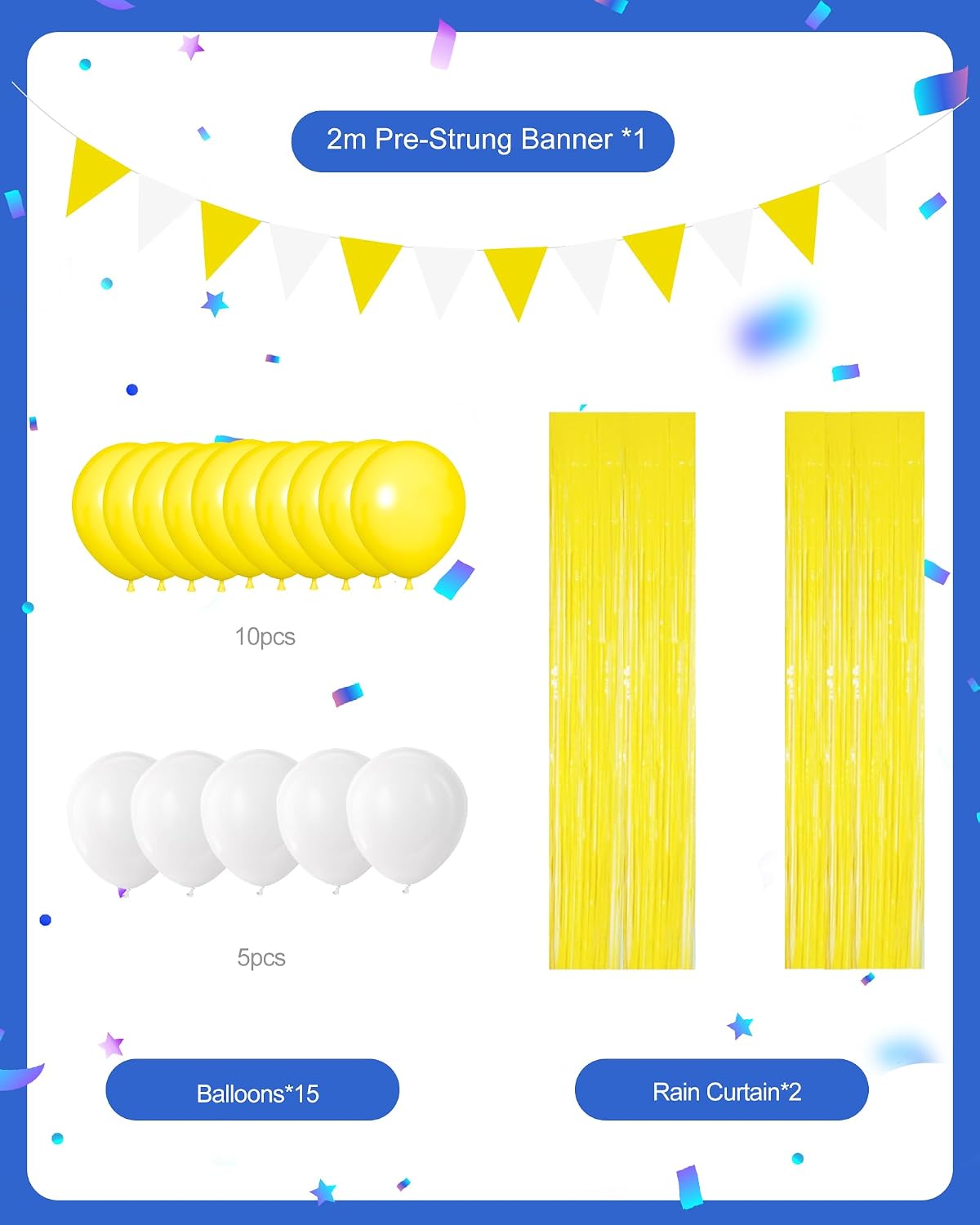 Yellow Birthday Decorations Set with Balloons and Fringe Curtains | Pom poms, tassel garland and banner; graduation, sunshine theme, summer party and celebration decor