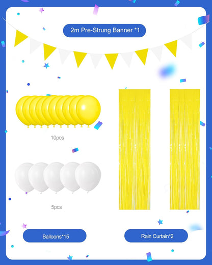 Yellow Birthday Decorations Set with Balloons and Fringe Curtains | Pom poms, tassel garland and banner; graduation, sunshine theme, summer party and celebration decor