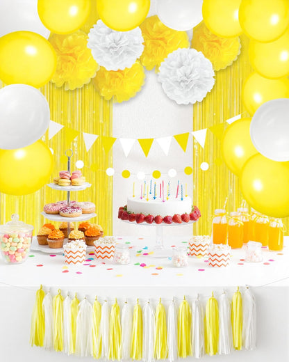 Yellow Birthday Decorations Set with Balloons and Fringe Curtains | Pom poms, tassel garland and banner; graduation, sunshine theme, summer party and celebration decor