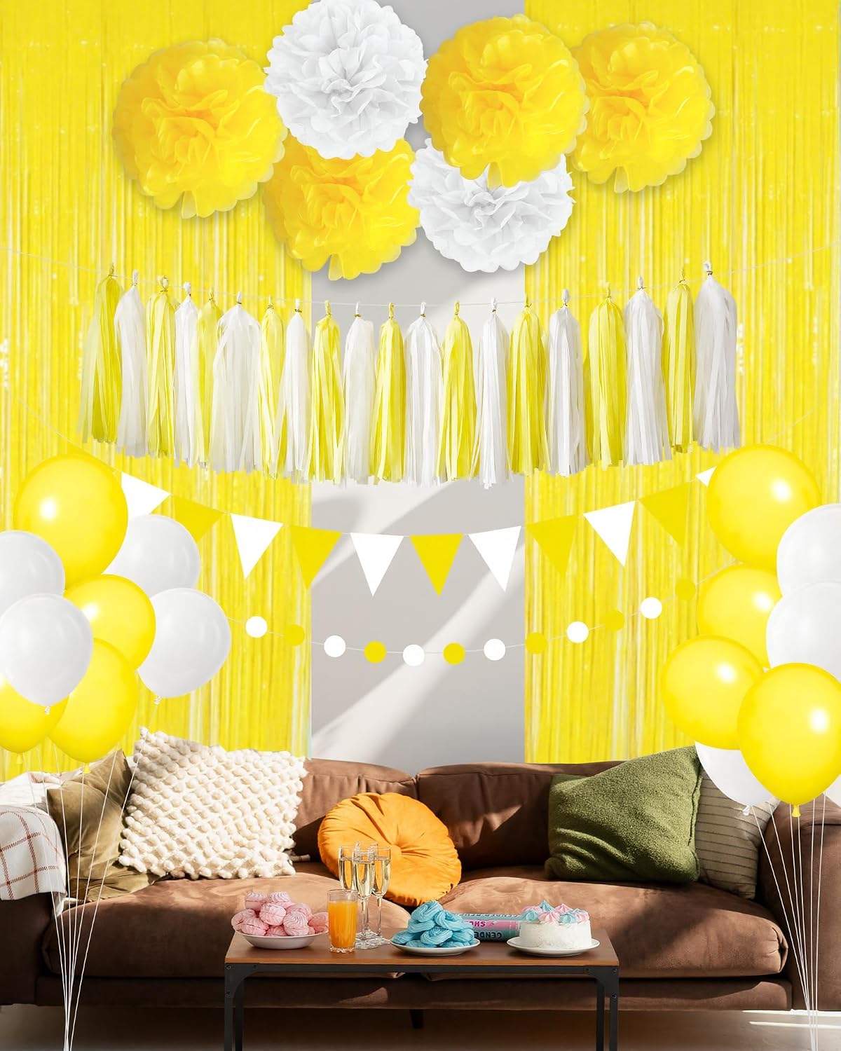 Yellow Birthday Decorations Set with Balloons and Fringe Curtains | Pom poms, tassel garland and banner; graduation, sunshine theme, summer party and celebration decor