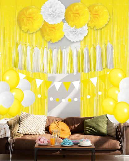 Yellow Birthday Decorations Set with Balloons and Fringe Curtains | Pom poms, tassel garland and banner; graduation, sunshine theme, summer party and celebration decor