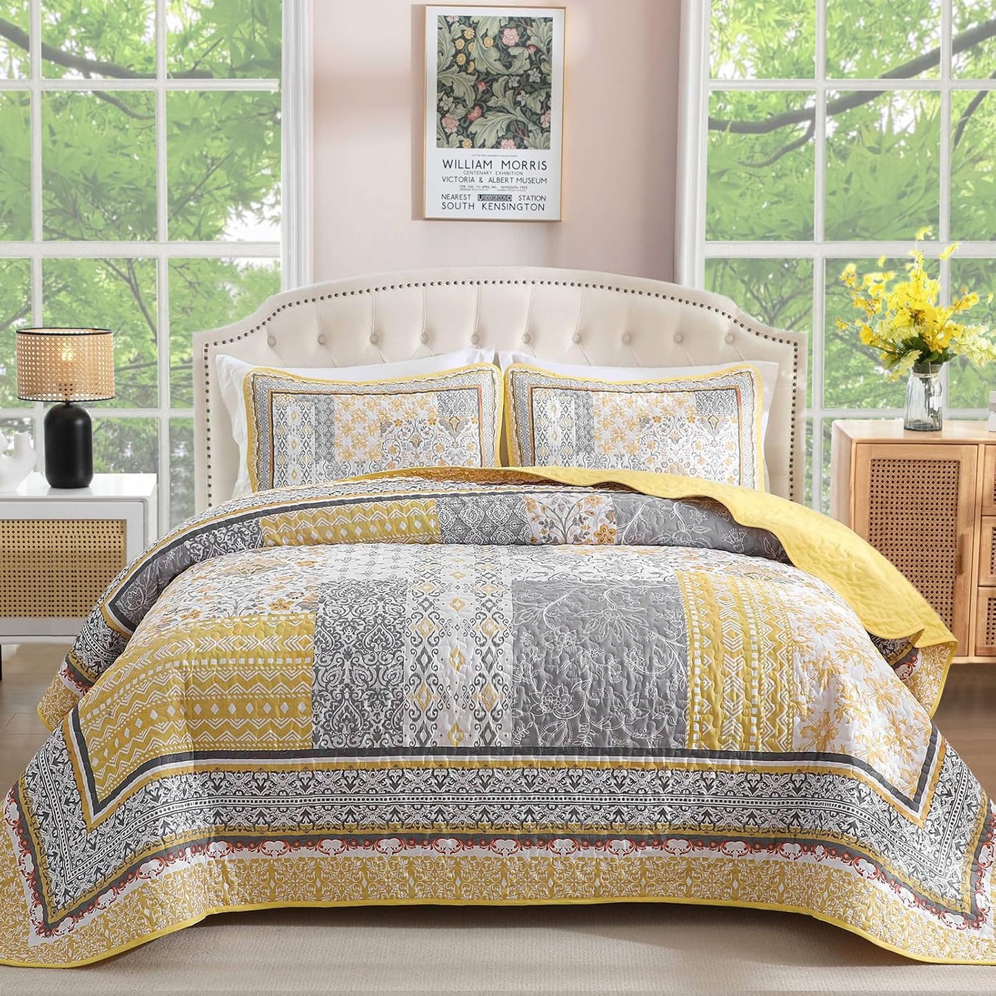 Yellow Quilt Set Queen,Bohemian Patchwork Bedspread Coverlet Set, Reversible Boho Floral Pattern Bedspreads Bedding Quilt Set for All Seasons (96"x90")