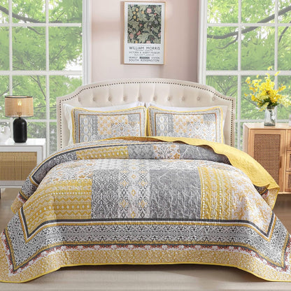 Yellow Quilt Set Queen,Bohemian Patchwork Bedspread Coverlet Set, Reversible Boho Floral Pattern Bedspreads Bedding Quilt Set for All Seasons (96"x90")