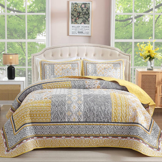 Yellow Quilt Set Queen,Bohemian Patchwork Bedspread Coverlet Set, Reversible Boho Floral Pattern Bedspreads Bedding Quilt Set for All Seasons (96"x90")
