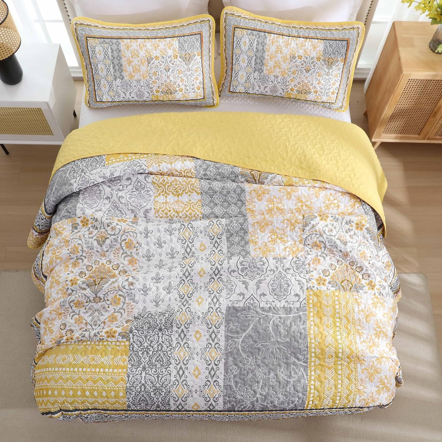 Yellow Quilt Set Queen,Bohemian Patchwork Bedspread Coverlet Set, Reversible Boho Floral Pattern Bedspreads Bedding Quilt Set for All Seasons (96"x90")