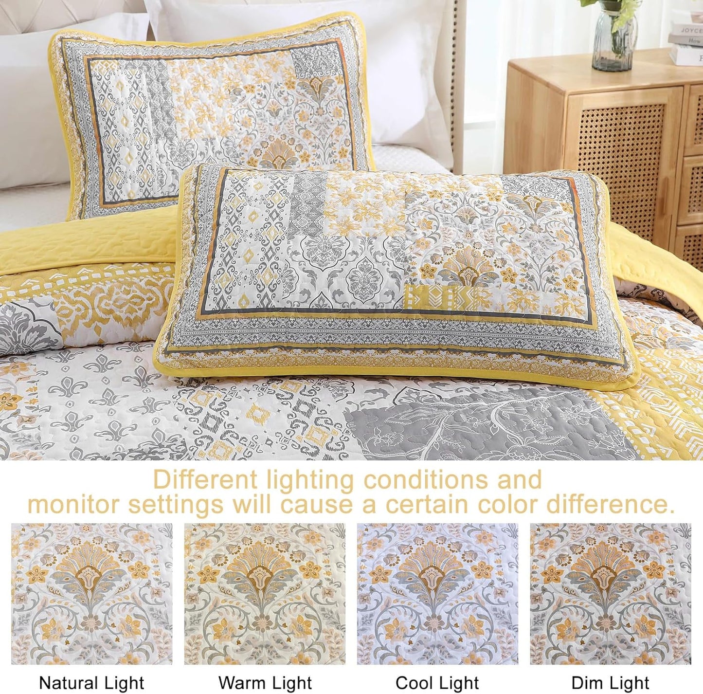 Yellow Quilt Set Queen,Bohemian Patchwork Bedspread Coverlet Set, Reversible Boho Floral Pattern Bedspreads Bedding Quilt Set for All Seasons (96"x90")