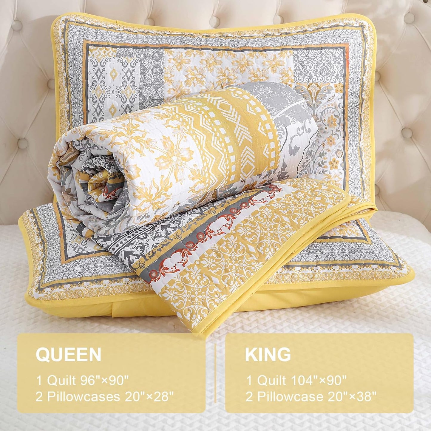 Yellow Quilt Set Queen,Bohemian Patchwork Bedspread Coverlet Set, Reversible Boho Floral Pattern Bedspreads Bedding Quilt Set for All Seasons (96"x90")