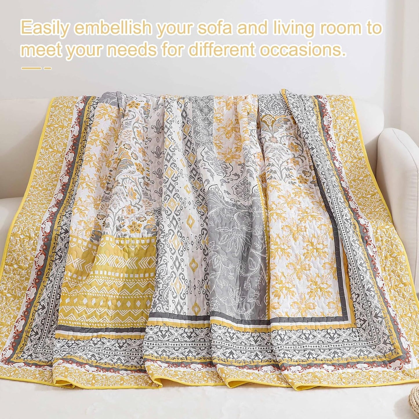 Yellow Quilt Set Queen,Bohemian Patchwork Bedspread Coverlet Set, Reversible Boho Floral Pattern Bedspreads Bedding Quilt Set for All Seasons (96"x90")