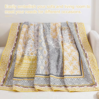Yellow Quilt Set Queen,Bohemian Patchwork Bedspread Coverlet Set, Reversible Boho Floral Pattern Bedspreads Bedding Quilt Set for All Seasons (96"x90")
