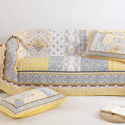 Yellow Quilt Set Queen,Bohemian Patchwork Bedspread Coverlet Set, Reversible Boho Floral Pattern Bedspreads Bedding Quilt Set for All Seasons (96"x90")