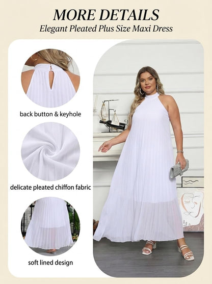 Womens Plus Size Chiffon Loose Long Maxi Dresses | Sleeveless, Halter Neck, Pleated, Summer Casual Formal Dress, Wedding Guest, Beach, Vacation, Prom, Party, Club, Evening