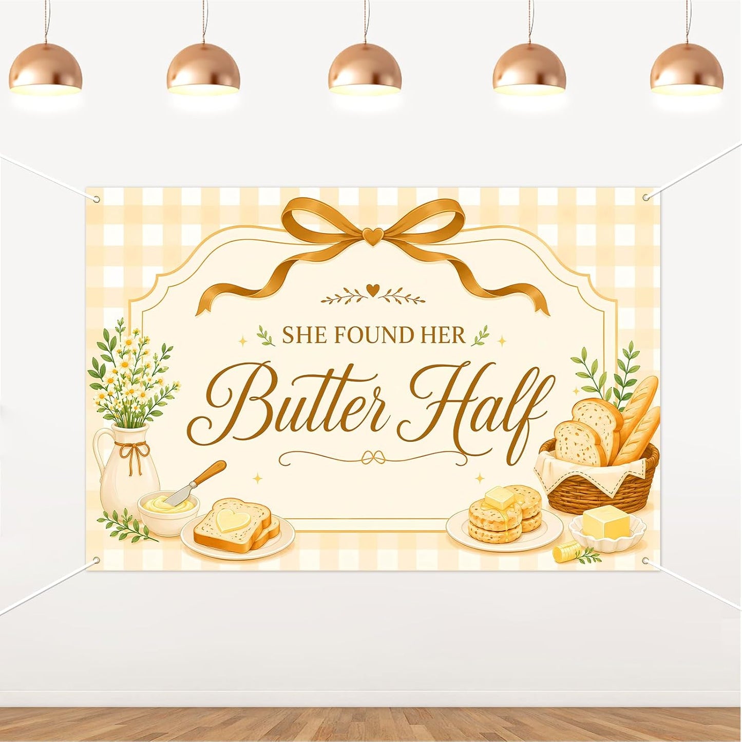 She Found Her Butter Half Bridal Shower Backdrop 5x3FT Yellow Butter Bow Theme Wedding Bachelorette Party Wall Decor Vinyl