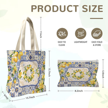 Wazzio Aesthetic 2 Pcs Canvas Tote Bag with Makeup Bag for Christmas, Reusable Grocery Bags Gift for Shopping Gym Travel Work