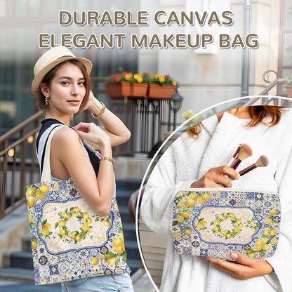 Wazzio Aesthetic 2 Pcs Canvas Tote Bag with Makeup Bag for Christmas, Reusable Grocery Bags Gift for Shopping Gym Travel Work