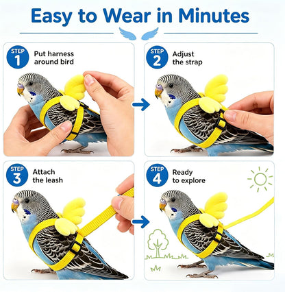 Pet Parrot Bird Harness and Leash, 2m Adjustable Polyester Rope with Cute Wing, Bird Flying Harness for Parrots, Pigeons, Budgerigars, Lovebirds, Cockatiels Outdoor Use