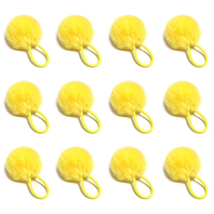 Furry Hair Elastic Bands Faux Rabbit Fur Pompom Hair Ties Scrunchies for Women, Rubber Band with 5cm Ball Ponytail Holder Accessories Pack of 12pcs (Yellow)