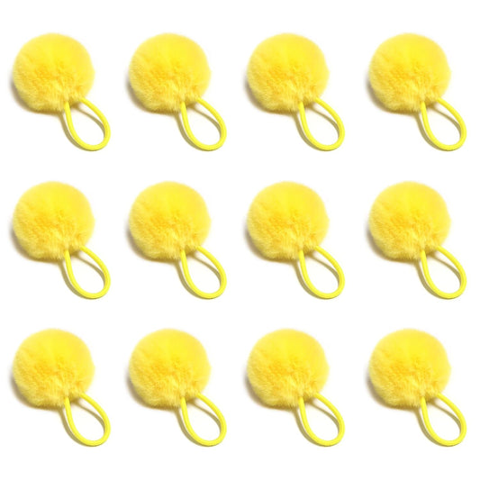 Furry Hair Elastic Bands Faux Rabbit Fur Pompom Hair Ties Scrunchies for Women, Rubber Band with 5cm Ball Ponytail Holder Accessories Pack of 12pcs (Yellow)
