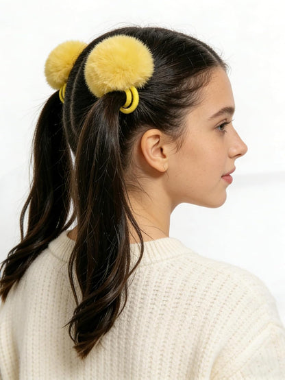 Furry Hair Elastic Bands Faux Rabbit Fur Pompom Hair Ties Scrunchies for Women, Rubber Band with 5cm Ball Ponytail Holder Accessories Pack of 12pcs (Yellow)