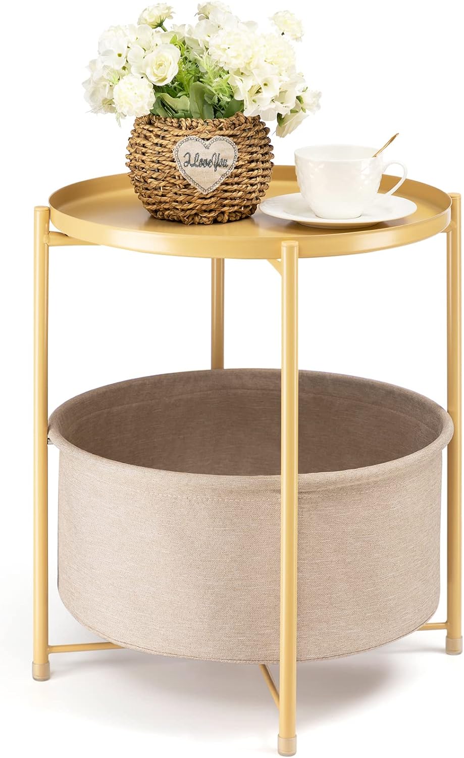 Side Table with Storage Basket, Small Round Table for Living Room | Metal Bedside Stand with Removable Serving Tray, Modern Nightstand for Small Space, Living Room, Bedroom, Nursery, Yellow