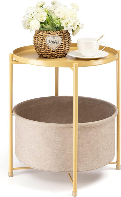 Side Table with Storage Basket, Small Round Table for Living Room | Metal Bedside Stand with Removable Serving Tray, Modern Nightstand for Small Space, Living Room, Bedroom, Nursery, Yellow
