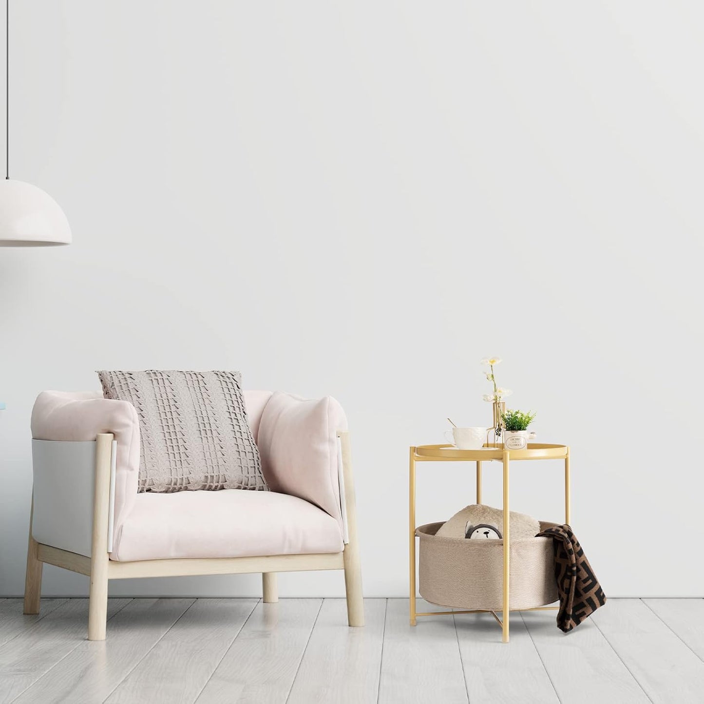 Side Table with Storage Basket, Small Round Table for Living Room | Metal Bedside Stand with Removable Serving Tray, Modern Nightstand for Small Space, Living Room, Bedroom, Nursery, Yellow