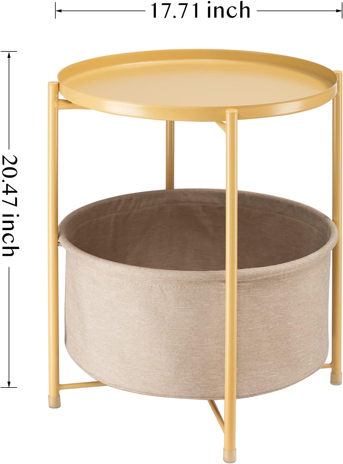 Side Table with Storage Basket, Small Round Table for Living Room | Metal Bedside Stand with Removable Serving Tray, Modern Nightstand for Small Space, Living Room, Bedroom, Nursery, Yellow