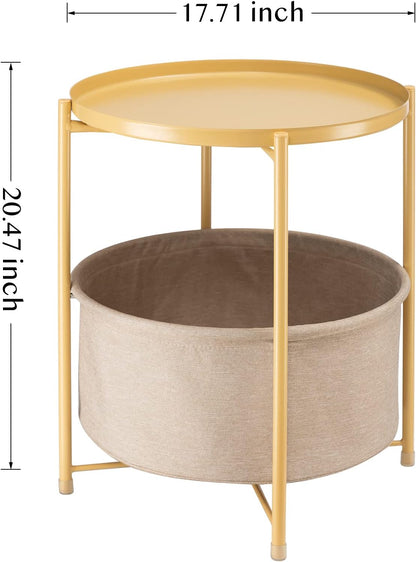 Side Table with Storage Basket, Small Round Table for Living Room | Metal Bedside Stand with Removable Serving Tray, Modern Nightstand for Small Space, Living Room, Bedroom, Nursery, Yellow