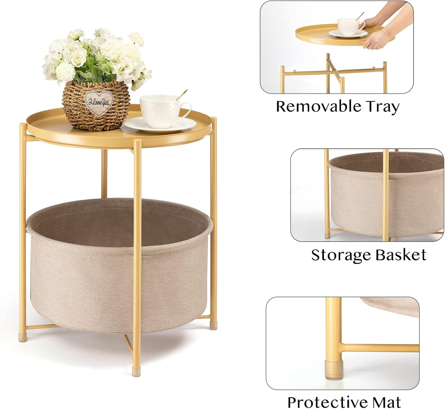 Side Table with Storage Basket, Small Round Table for Living Room | Metal Bedside Stand with Removable Serving Tray, Modern Nightstand for Small Space, Living Room, Bedroom, Nursery, Yellow