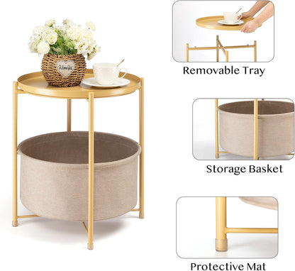Side Table with Storage Basket, Small Round Table for Living Room | Metal Bedside Stand with Removable Serving Tray, Modern Nightstand for Small Space, Living Room, Bedroom, Nursery, Yellow