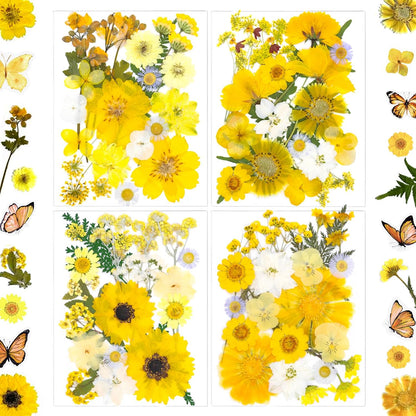 132Pcs Yellow Pressed Dried Flowers and Butterfly for Resin Molds, Real Natural Bulk Dry Floral Leaves Stickers for DIY Art Crafts, Jewelry, Candle, Soap Crafts Making