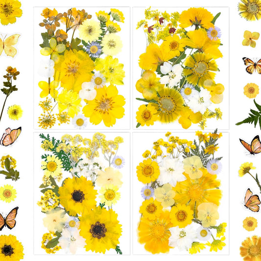 132Pcs Yellow Pressed Dried Flowers and Butterfly for Resin Molds, Real Natural Bulk Dry Floral Leaves Stickers for DIY Art Crafts, Jewelry, Candle, Soap Crafts Making