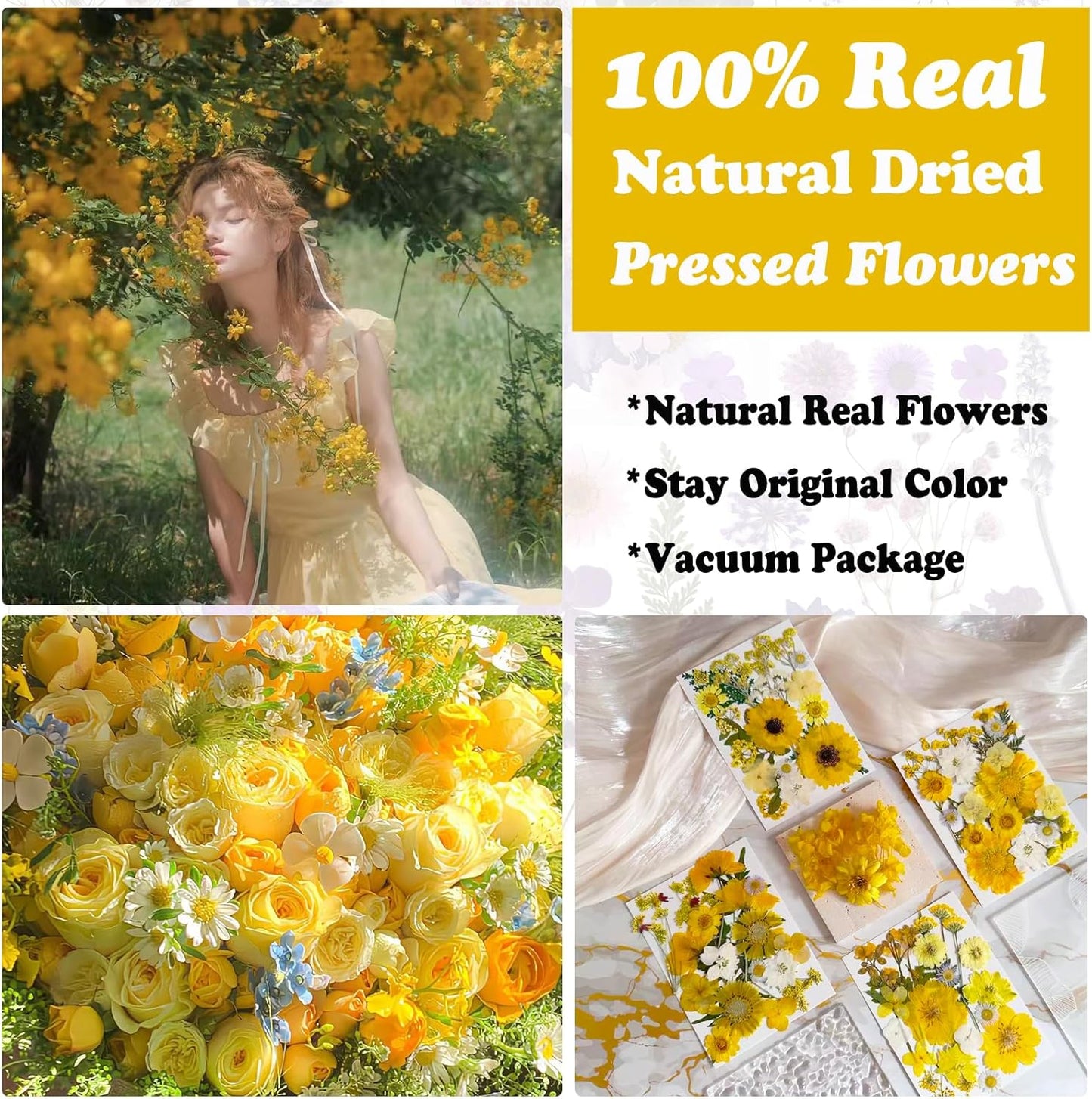 132Pcs Yellow Pressed Dried Flowers and Butterfly for Resin Molds, Real Natural Bulk Dry Floral Leaves Stickers for DIY Art Crafts, Jewelry, Candle, Soap Crafts Making