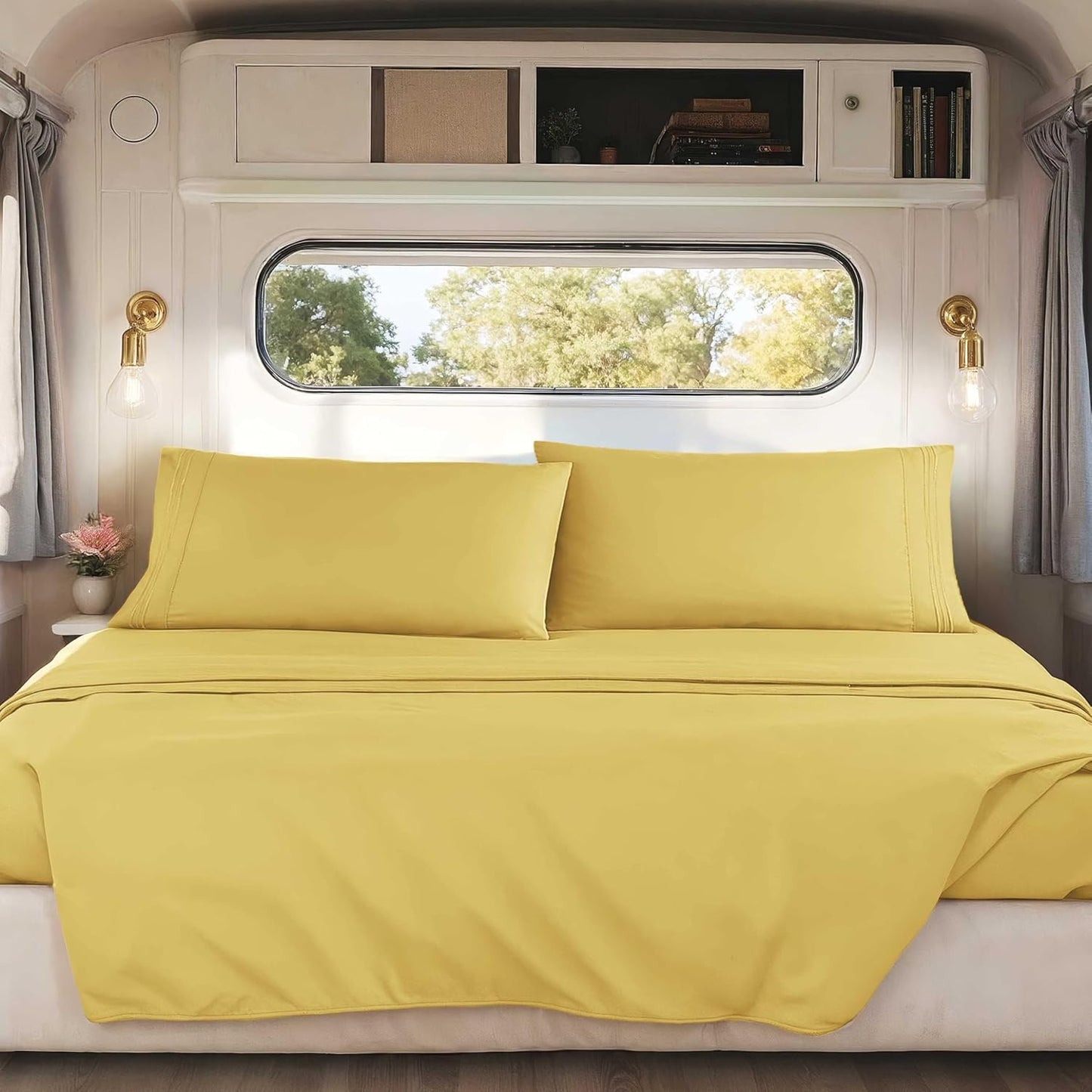 Custard Yellow Short Queen Sheets for RV, Hotel Luxury RV Queen Sheets Set, 4 Piece Fitted Bed Sheet Set and Pillowcases, Super Soft, Wrinkle-Free, and Breathable Camper Bedding