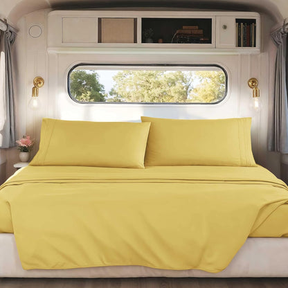 Custard Yellow Short Queen Sheets for RV, Hotel Luxury RV Queen Sheets Set, 4 Piece Fitted Bed Sheet Set and Pillowcases, Super Soft, Wrinkle-Free, and Breathable Camper Bedding