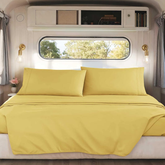 Custard Yellow Short Queen Sheets for RV, Hotel Luxury RV Queen Sheets Set, 4 Piece Fitted Bed Sheet Set and Pillowcases, Super Soft, Wrinkle-Free, and Breathable Camper Bedding