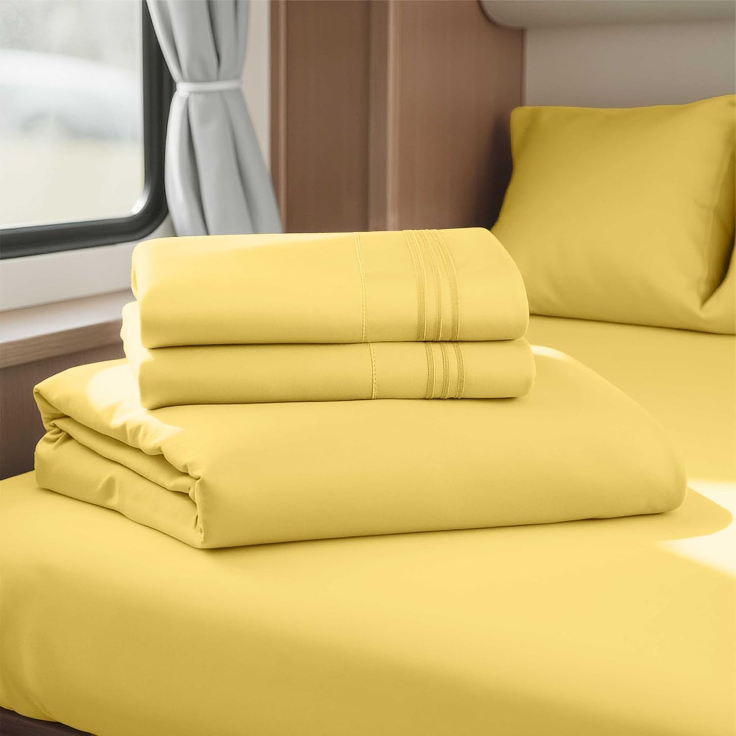 Custard Yellow Short Queen Sheets for RV, Hotel Luxury RV Queen Sheets Set, 4 Piece Fitted Bed Sheet Set and Pillowcases, Super Soft, Wrinkle-Free, and Breathable Camper Bedding