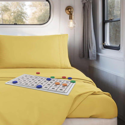 Custard Yellow Short Queen Sheets for RV, Hotel Luxury RV Queen Sheets Set, 4 Piece Fitted Bed Sheet Set and Pillowcases, Super Soft, Wrinkle-Free, and Breathable Camper Bedding