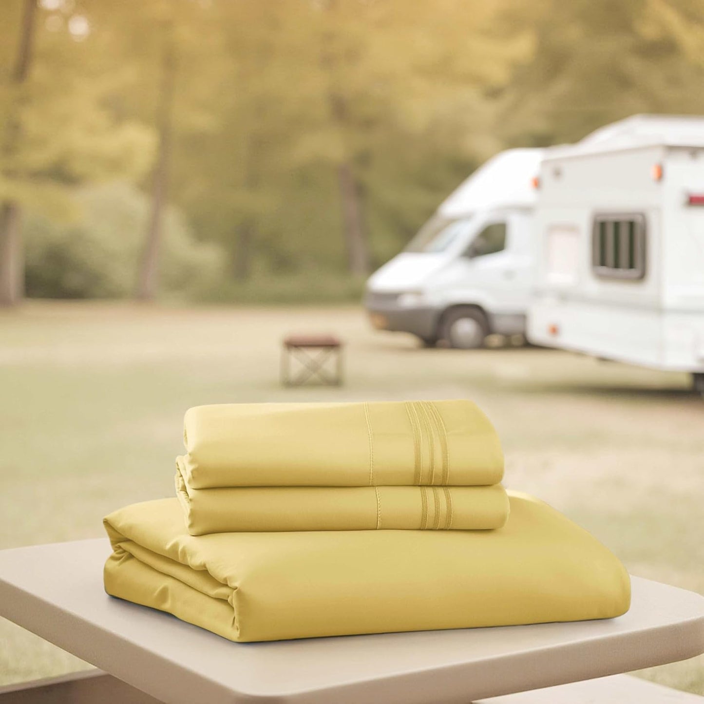 Custard Yellow Short Queen Sheets for RV, Hotel Luxury RV Queen Sheets Set, 4 Piece Fitted Bed Sheet Set and Pillowcases, Super Soft, Wrinkle-Free, and Breathable Camper Bedding