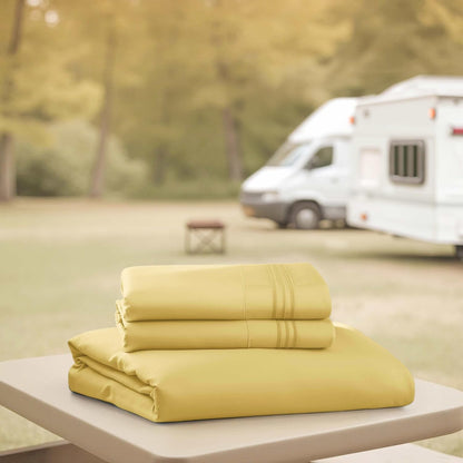 Custard Yellow Short Queen Sheets for RV, Hotel Luxury RV Queen Sheets Set, 4 Piece Fitted Bed Sheet Set and Pillowcases, Super Soft, Wrinkle-Free, and Breathable Camper Bedding
