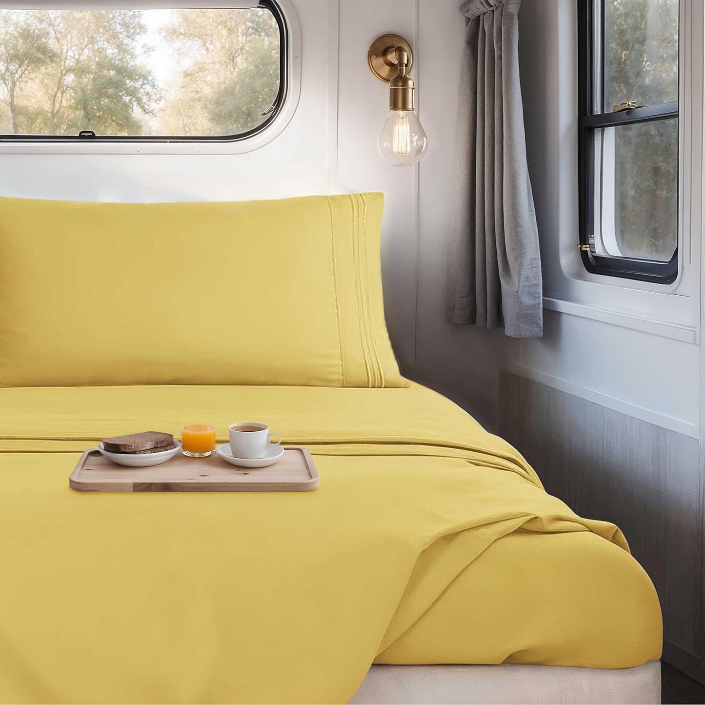 Custard Yellow Short Queen Sheets for RV, Hotel Luxury RV Queen Sheets Set, 4 Piece Fitted Bed Sheet Set and Pillowcases, Super Soft, Wrinkle-Free, and Breathable Camper Bedding