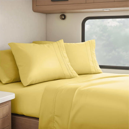 Custard Yellow Short Queen Sheets for RV, Hotel Luxury RV Queen Sheets Set, 4 Piece Fitted Bed Sheet Set and Pillowcases, Super Soft, Wrinkle-Free, and Breathable Camper Bedding