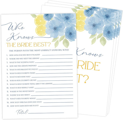 Blue Citrus Who Knows The Bride Best Bridal Shower Game, Pack of 30 Game Cards, Lemon Bridal Shower Decorations, Wedding Engagement Decor, Bachelorette Party Supplies - KR24