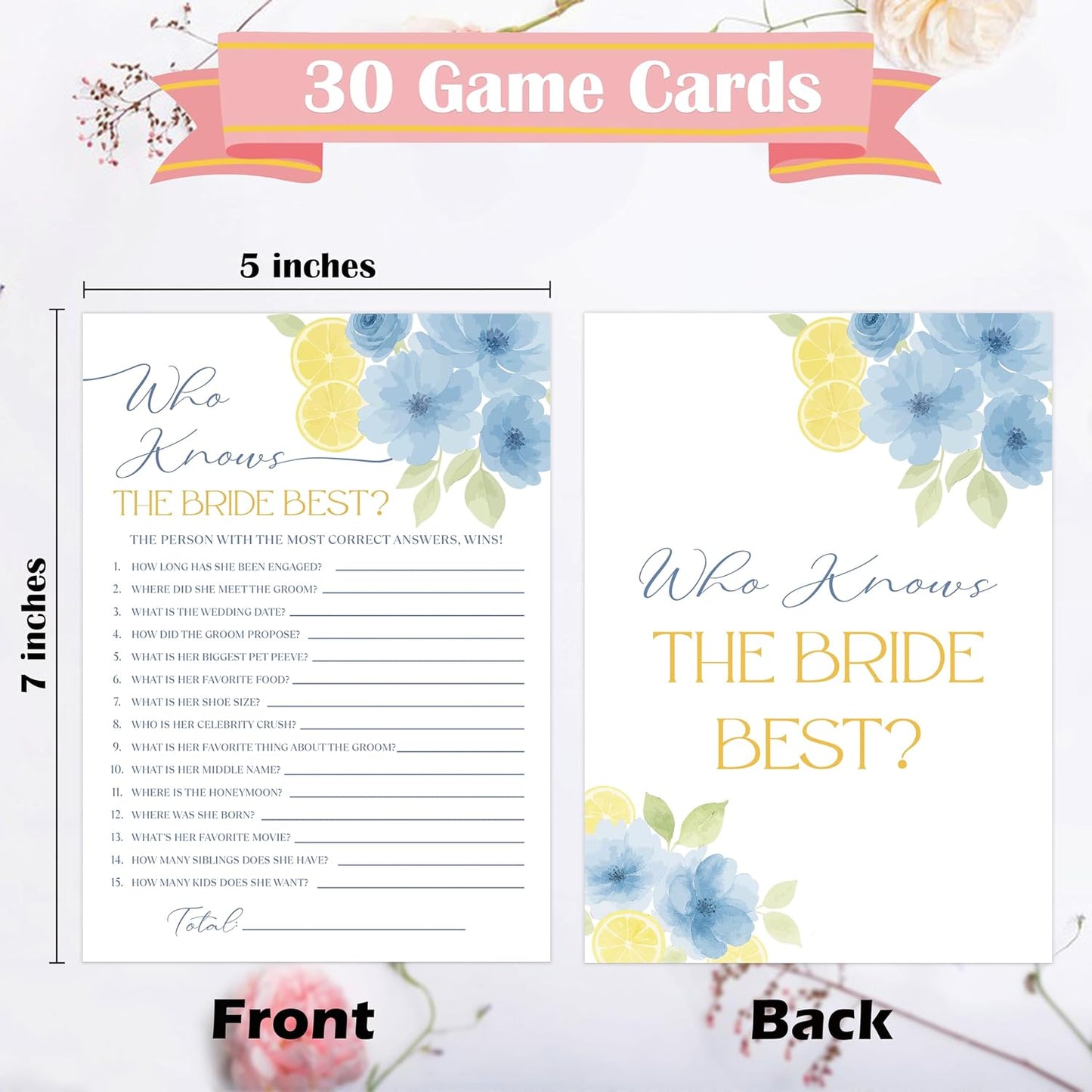 Blue Citrus Who Knows The Bride Best Bridal Shower Game, Pack of 30 Game Cards, Lemon Bridal Shower Decorations, Wedding Engagement Decor, Bachelorette Party Supplies - KR24