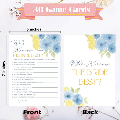 Blue Citrus Who Knows The Bride Best Bridal Shower Game, Pack of 30 Game Cards, Lemon Bridal Shower Decorations, Wedding Engagement Decor, Bachelorette Party Supplies - KR24